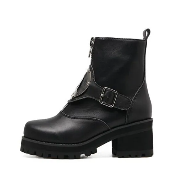 Классическая обувь унисекс из натуральной воловьей кожи в винтажном стиле; женские ботильоны в байкерском стиле - Цвет: Black