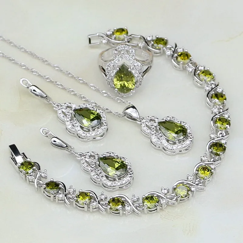 

925 Sterling Silver Jewelry Lock Olive Green Zircon White CZ Jewelry Sets For Women Earring/Pendant/Necklace/Bracelet/Ring