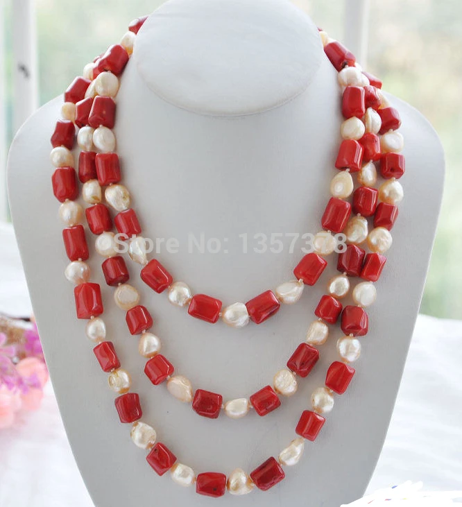 

FREE SHIPPING>>>@ N2859 65" 17mm red cylinder coral pink baroque pearl necklace