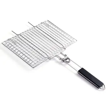 

Portable BBQ Grilling Basket Stainless Steel Removable Wooden Handle