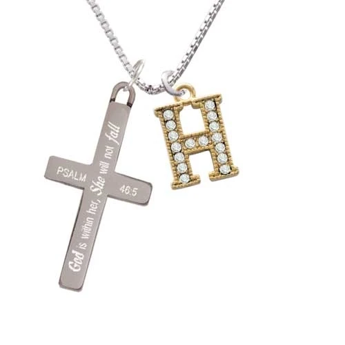Crystal Gold Tone Initial - H - Beaded Border - - She will not Fall - Cross Necklace (1)