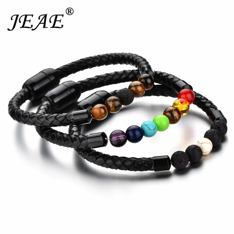 

Natural Lava Tiger Eye Stone Beads Bracelet 7 Chakra PU Leather Bracelets Mens Jewelry Armband Black Bracelet pierre naturelle