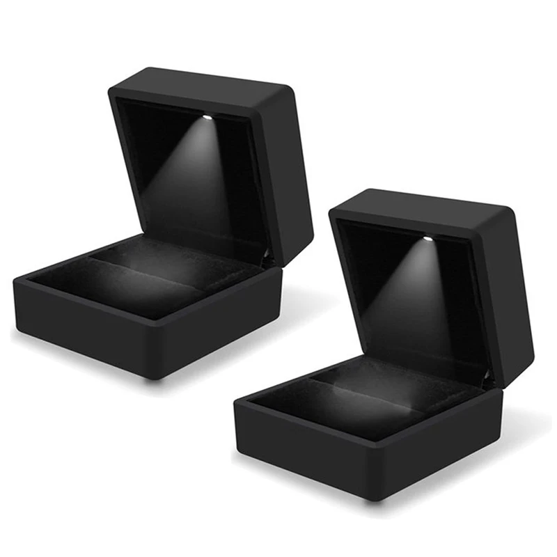 2 Pack Black Engagement Ring Box Earring Pendant Box With Led Light
