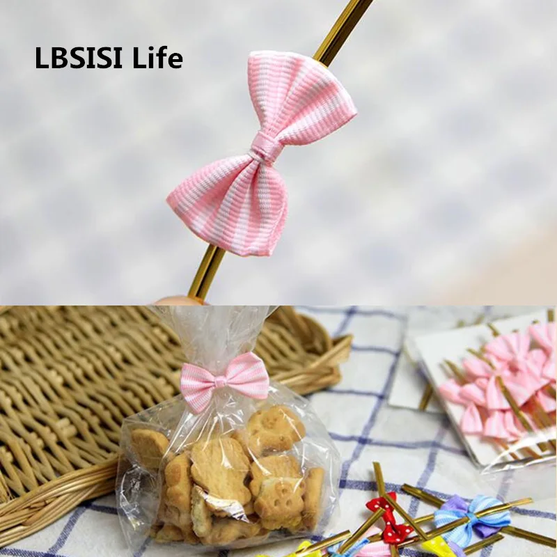 Лента для упаковки хлеба lbssisi Life 100 шт. 8 см розовая синяя с бантом в полоску|tie