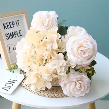 

6P European Fake Rose & Hydrangea (13 stems/bunch) 19.69" Length Simulation Roses for Wedding Home Decorative Artificial Flowers