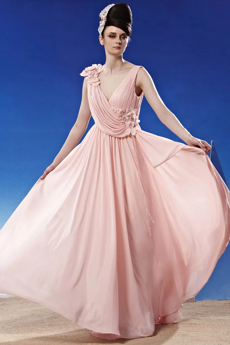 CONIEFOX V ОБРАЗНЫМ ВЫРЕЗОМ РОЗОВЫЙ ДЛИННЕЕ ШИФОНОВОЕ ТАНЦЫ ПЛАТЬЯ 81189|pink long dress|pink dress