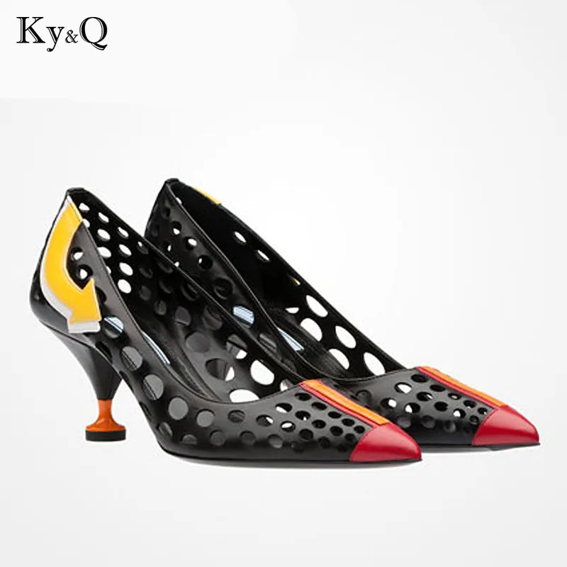 

2018 Summer New Fashion White Black Genuine Leather Shoes Women Pumps Sexy High Heels Point Toe Cut Out Lady Party Sandals