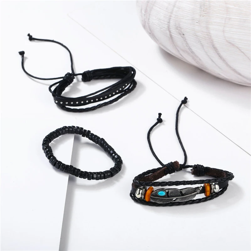NIUYITID Handmade Feather Leaf Men's Bracelets For Men Multilayer Leather Accessories Male Braclet Friendship Jewelry  (9)