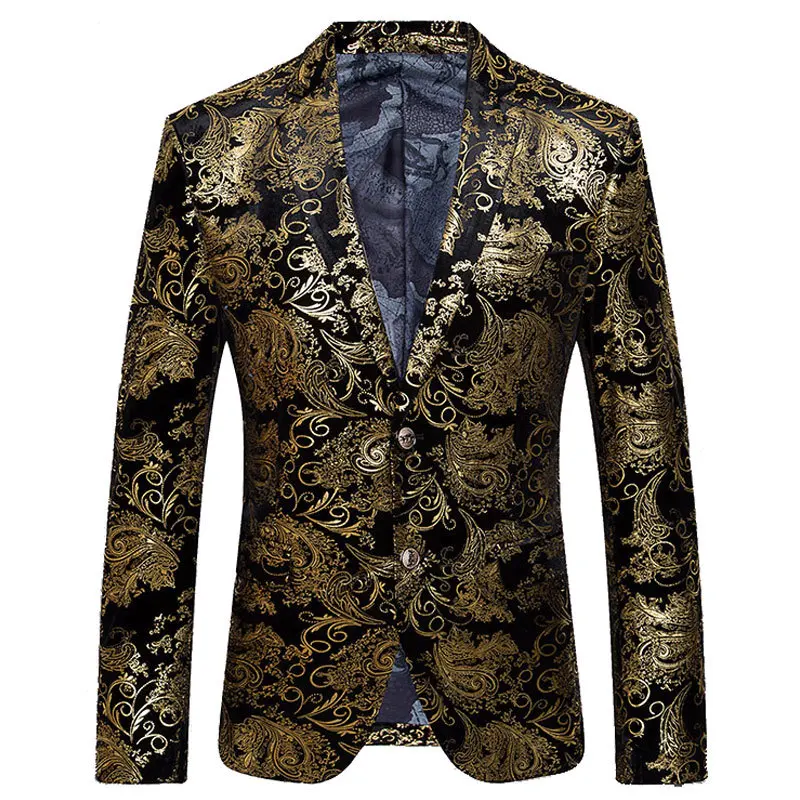 

2017 New Arrival Men Suit Autumn Fashion Design Golden Floral Printed Mens Slim Fit Blazer Suit Jacket Men Brand Terno Masculino