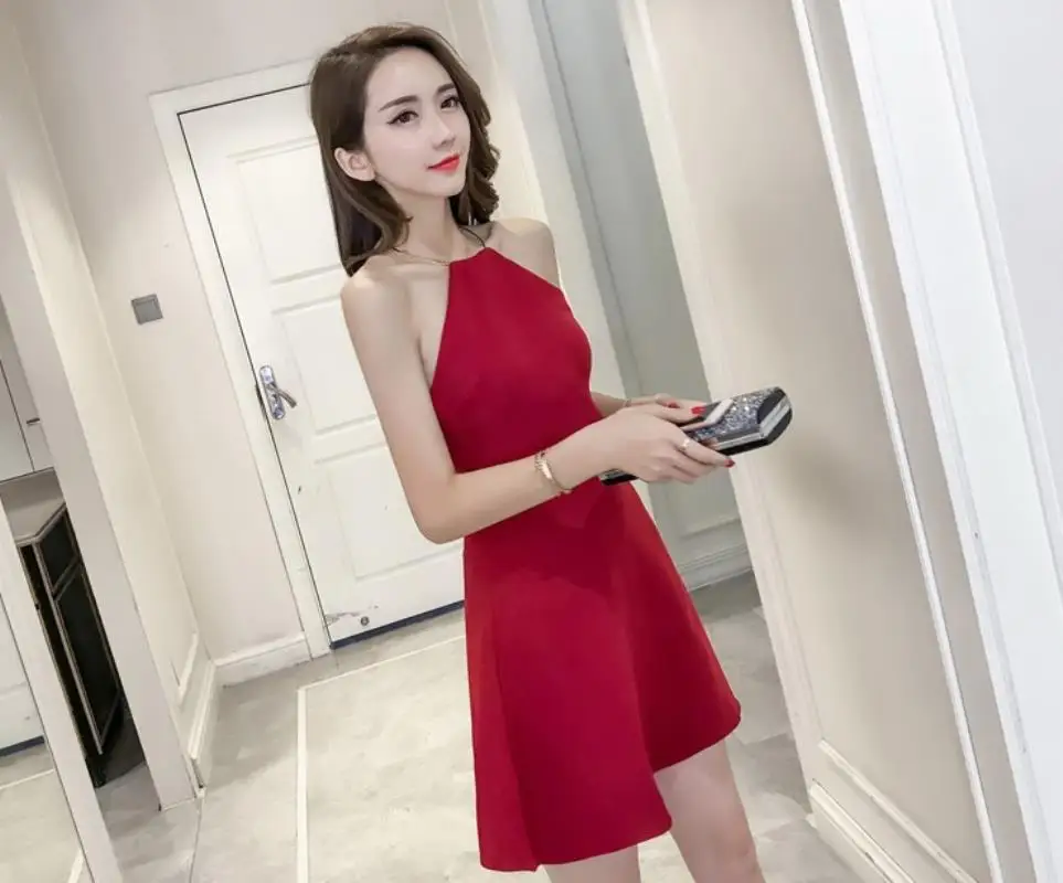 Summer new sexy back dress  metal ring hanging neck slim Asleeveless skirt 2018 Free Shipping