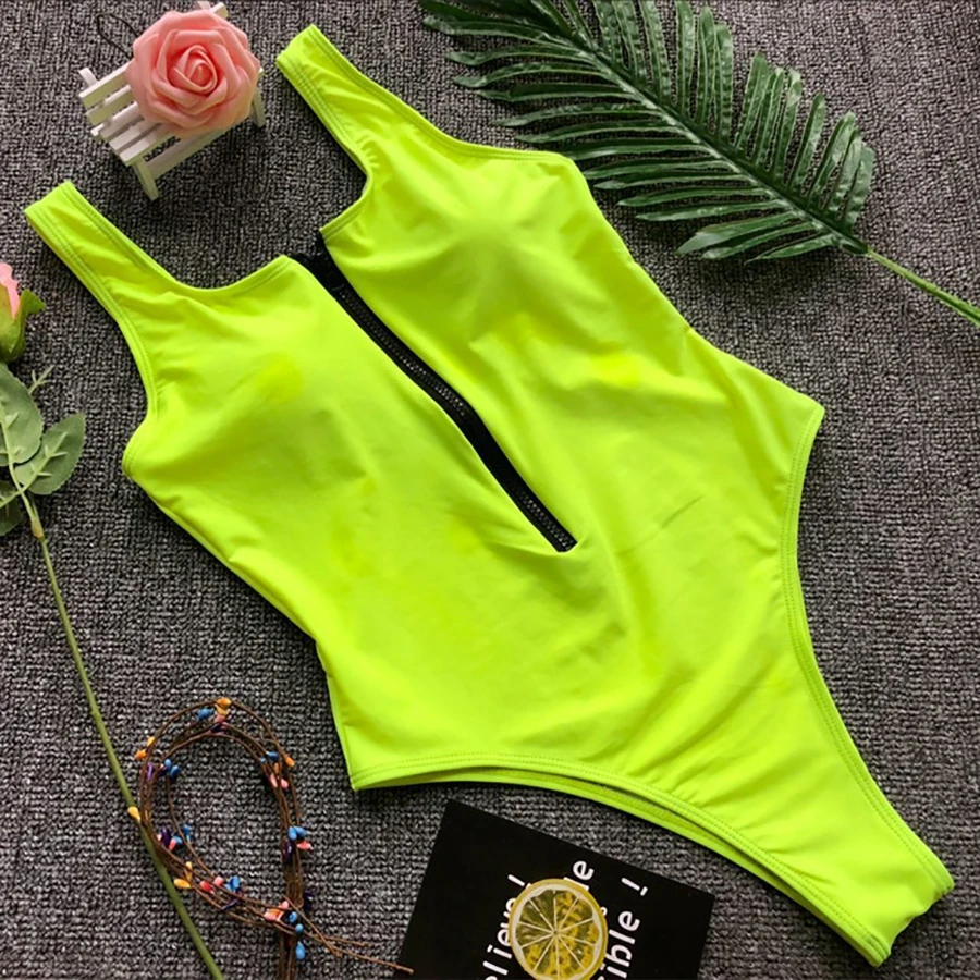 

Zipper Front Open Swimwear Women One Piece Swimsuit Sexy High Cut Bathing Suit Brazilian Bodysuits Black Green Female Monokini