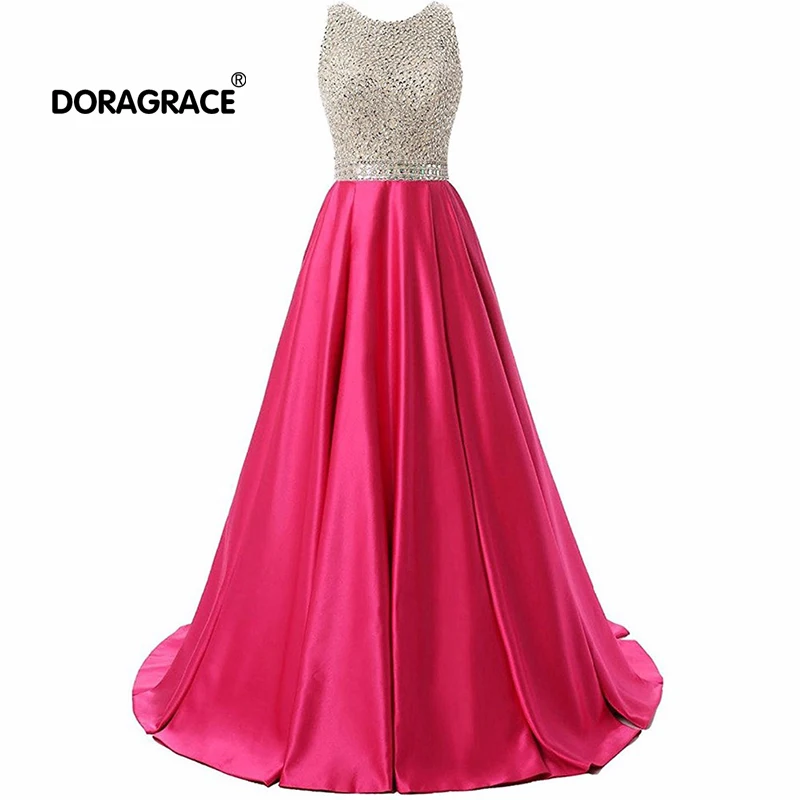 

Doragrace Glamorous A Line Floor-Length Backless Beaded Evening Dresses Long Prom Gowns