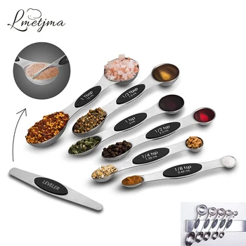 LMETJMA 7pcs/set Magnetic Measuring Spoons Set with Leveler Stainless Steel Double-Sided Measuring Spoons Set for Cooking Baking
