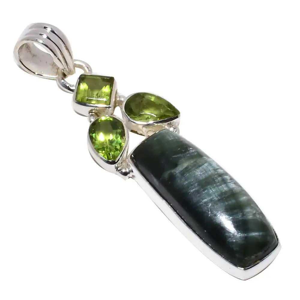

Genuine Seraphinite + Peridot Pendant 925 Sterling Silver, 51.1 mm, 2SP0099
