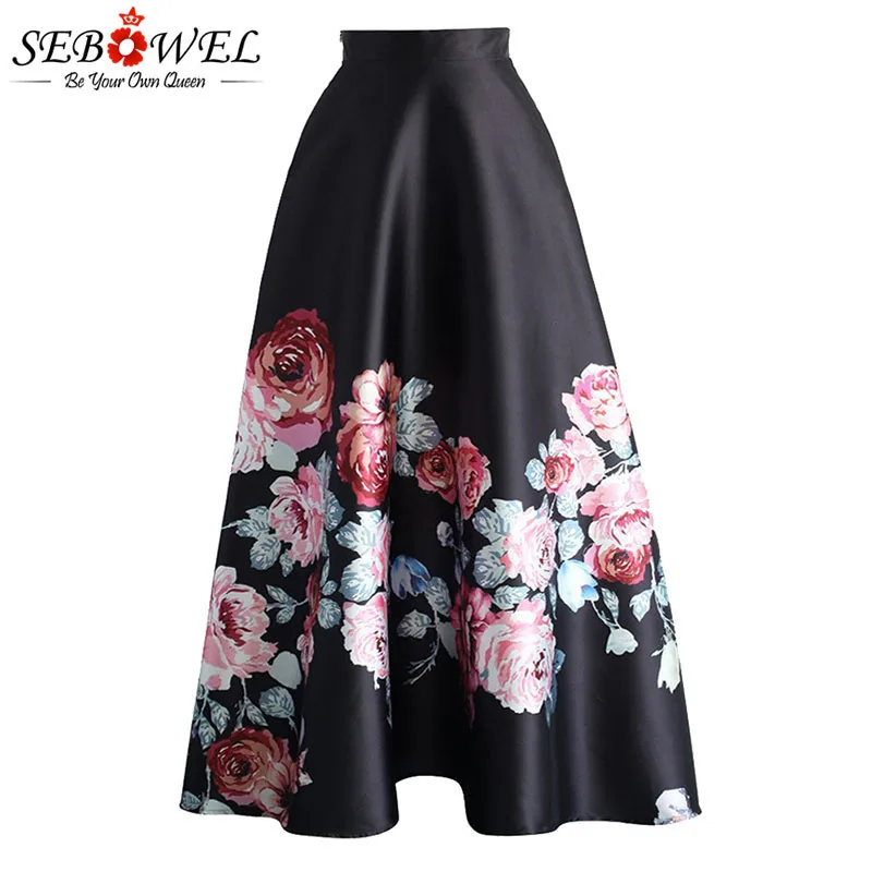 

SEBOWEL Floral Print High Waist Maxi Skirt Womans Elegant Ladies Long Flower Pleated Vintage Skirts 2019 New Style Female Skirts