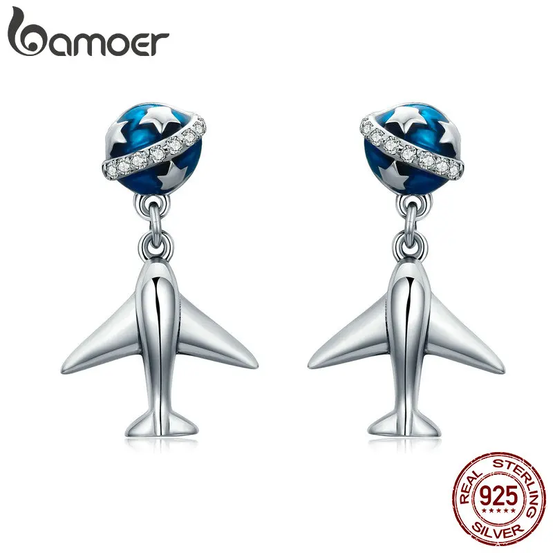 BAMOER 100% 925 Sterling Silver Fashion Star Tours Planet & Plane Drop Earrings for Women Fine Silver Jewelry Brincos SCE331 BAMOER 100% 925 Sterling Silver Fashion Star Tours Planet & Plane Drop Earrings for Women Fine Silver Jewelry Brincos SCE331