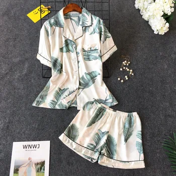 

Print Floral Pyjamas Women Stripe Satin Pajamas Sets 2019 New Spring Short Sleeve 2 Pcs Suit Casual Silk Home Clothing Sleepwear