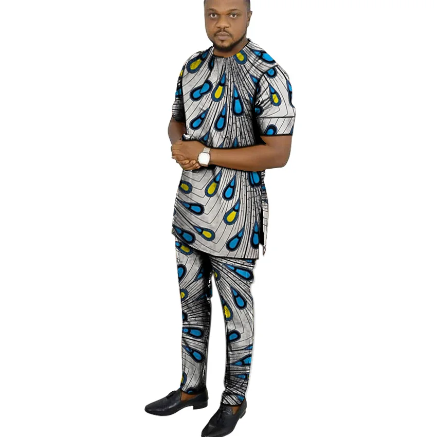 

African clothing men's print set short sleeve shirt with trouser Ankara fashion pant sets customize wedding male formal outfits