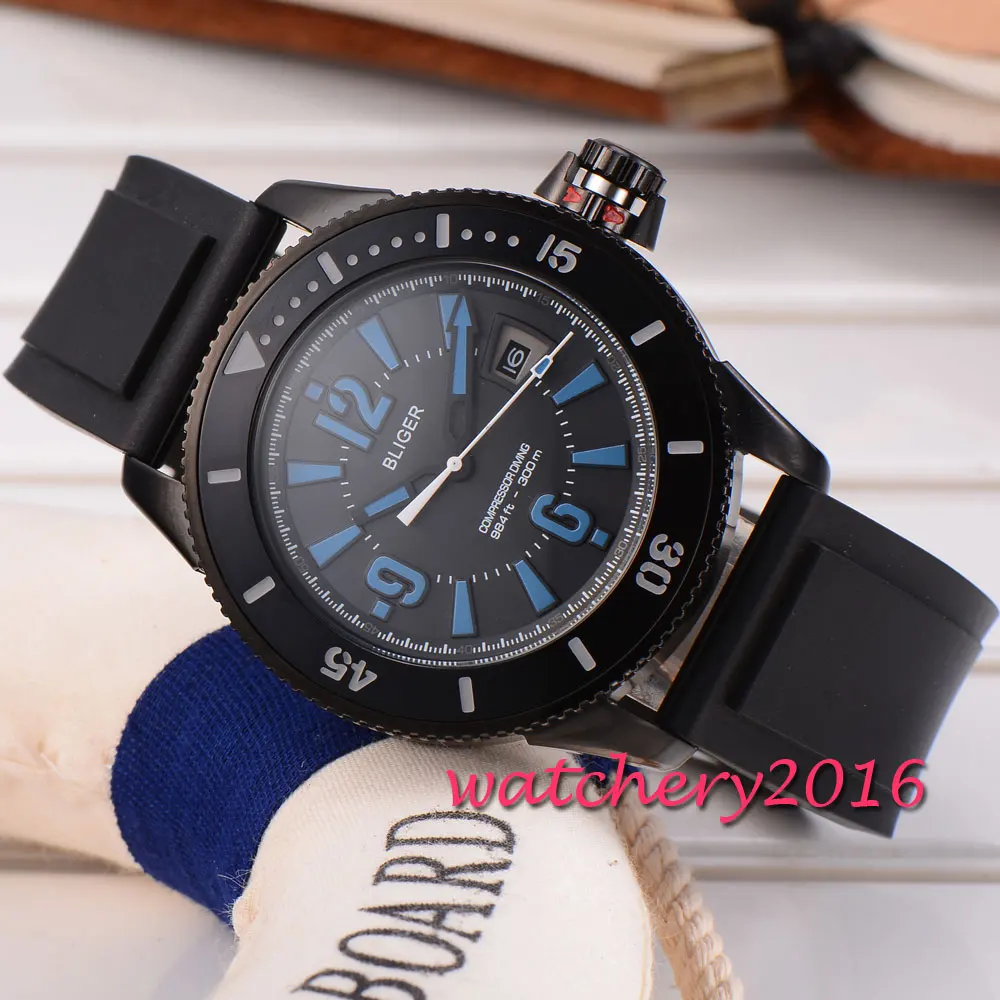 

43mm Bliger mineral crystal black dial PVD case blue marks date miyota Automatic movement Mechanical Wristwatches Men's Watch