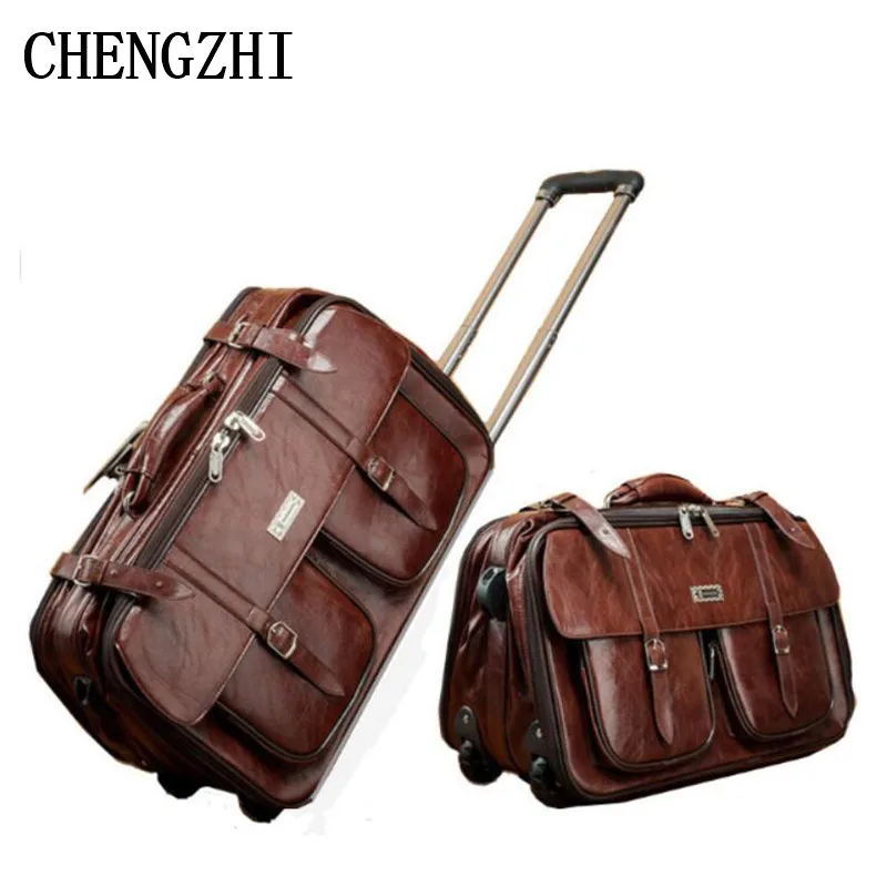 

CHENGZHI PU Leather Retro Rolling Luggage Business Men Suitcase Wheels Cabin Travel Bags