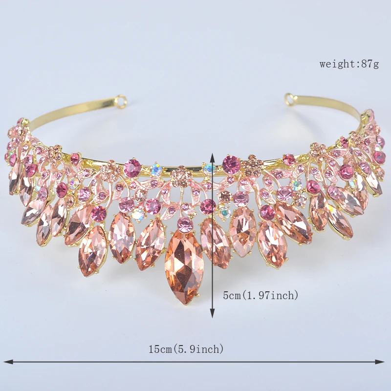 Fashion new peach color Wedding Hair tiara For Bride Crystal Rhinestones Women party Crowns Bridal