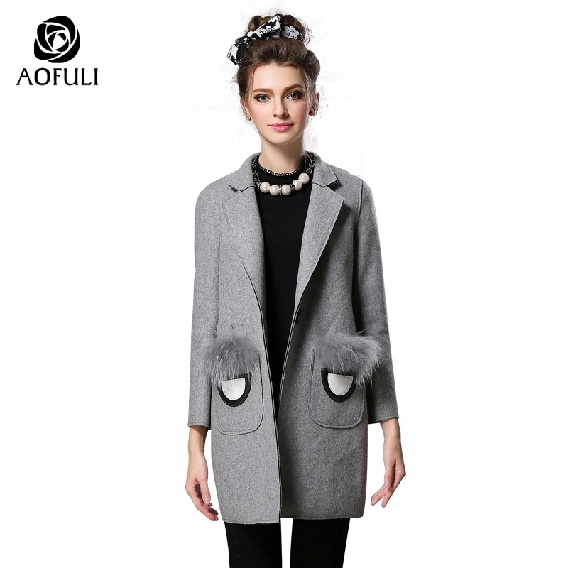 

AOFULI M- XXL brand woolen coat winter warm thick overcoat turn-down collar plus size women long tops with fur pocket A2232