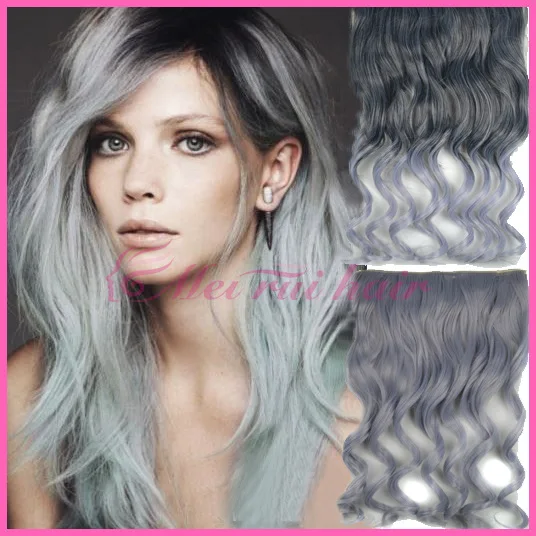 Women Hair Extensions Grey Color Natural Wavy 60cm Long High Tempreture