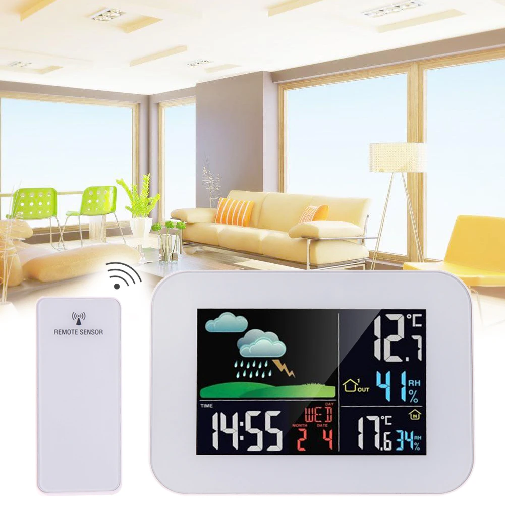 

3.7"Color LCD Wireless Thermometer Hygrometer Weather Station Forecast Temperature Humidity Tester Clock Alarm Indoor Outdoor