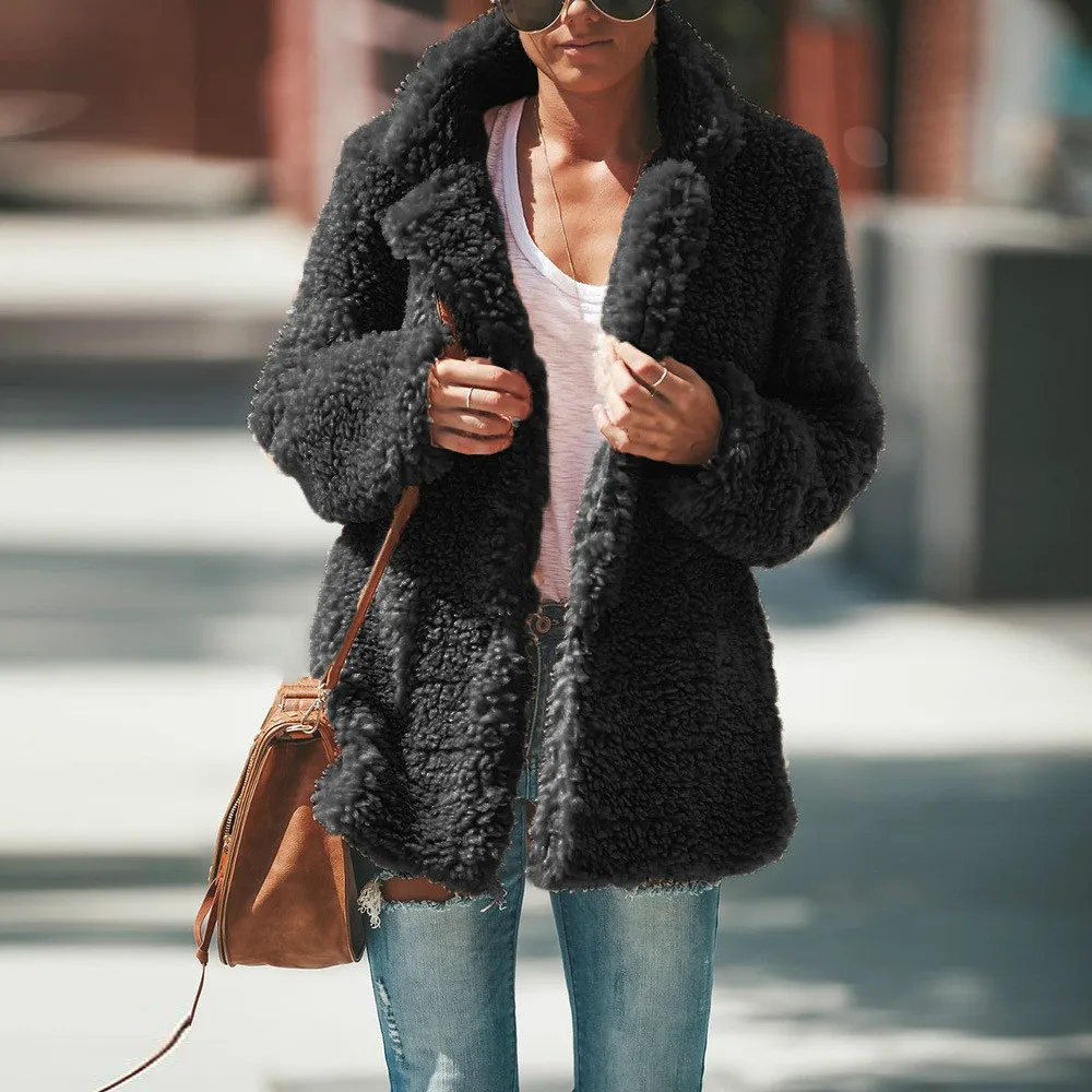 Модная плюшевая куртка, женские пальто, зима,, с отворотом, сплошной цвет, длинный рукав, толстая шерсть, женские кардиганы, ветровка