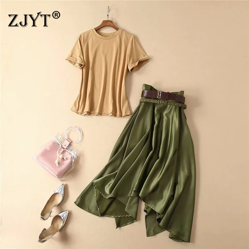 

High Quality Designer Runway Skirt 2piece Set 2019 Summer Fashion Short Sleeve Army Green T Shirt and Irregular Skirt Suit Sets