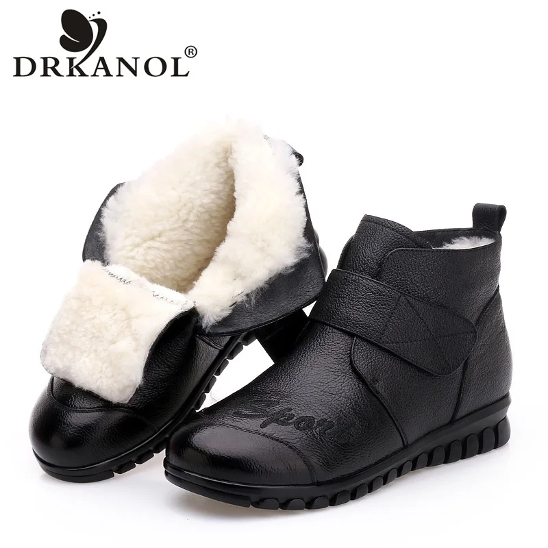 Cena DRKANOL 2019 kobiet śnieg buty 100% prawdziwej skóry naturalnej wełny futro zimowe ciepłe botki kobiety płaskie buty Botas Mujer