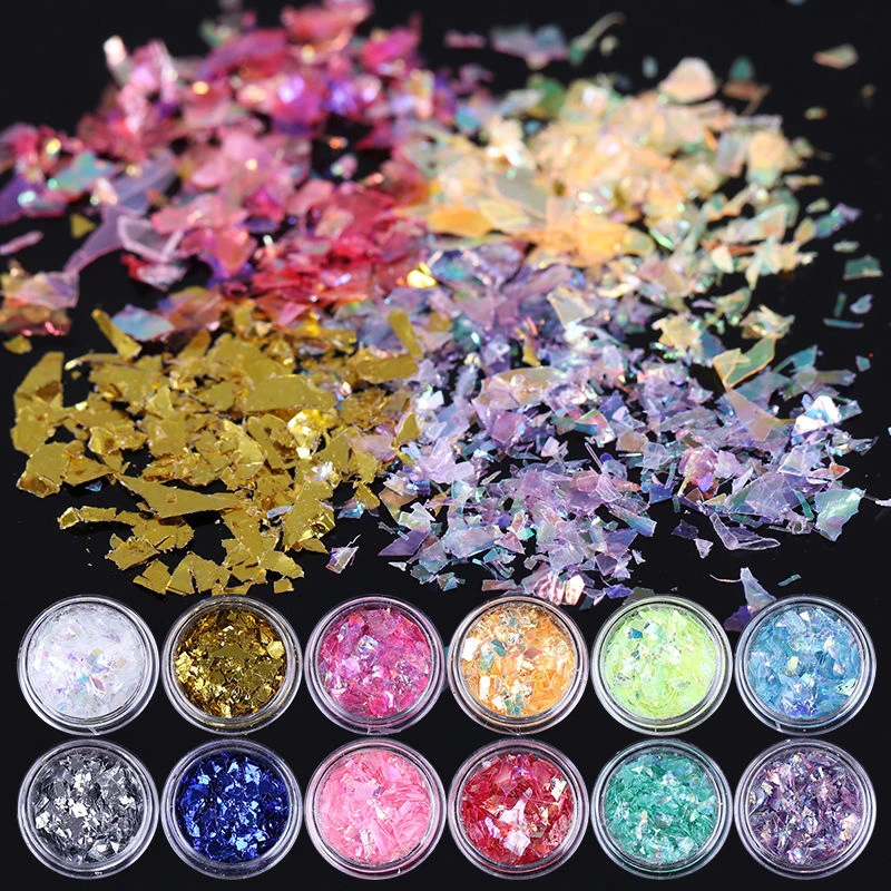 Shellhard 12Colors/Set Iced Mylar Nail Art Flakes Professional DIY Nail Tips Glitter Decals for Nail Art Decoration