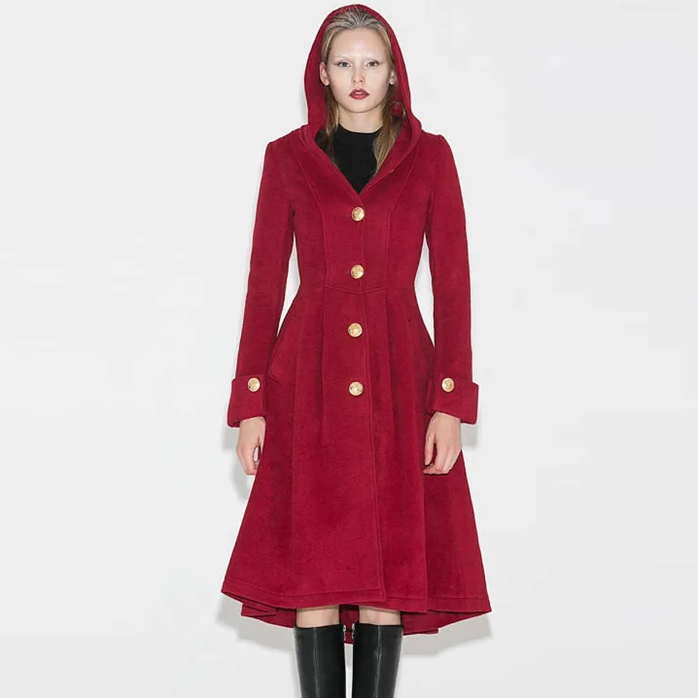 

2018 Winter Vintage Gothic Office Lady Casual Women Overcoats Slim Hooded Plain Button Female Fashion Blue Plus Size Coats