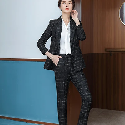 Black Pant Suits Женский клетчатый брючный костюм для зимы, большой размер 5XL, модный костюм в английском стиле, куртки и штаны, комплекты из 2 предметов, брючные костюмы - Цвет: Black Pant Suits