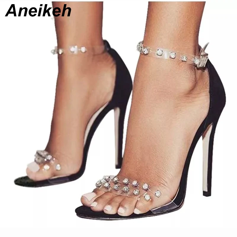 online Aneikeh 2018 nova Verão Romano Transparente Rebite Mulheres sapatos de Salto Alto Sexy Moda cor Sólida Partido Peep Toe Sandálias Mulher