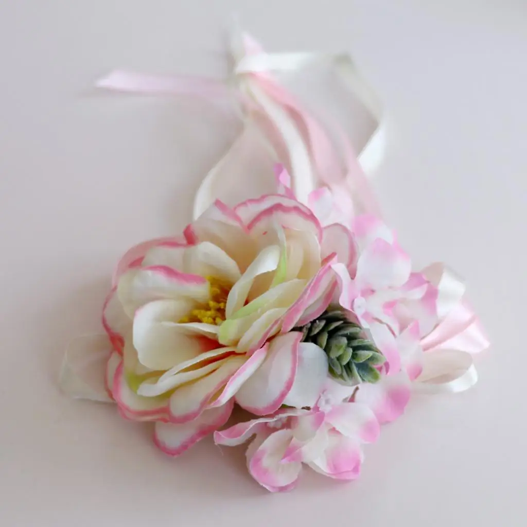 2pcs Artificial Ribbon Flowers Wedding Car Mirror Door Handles Decor Pink
