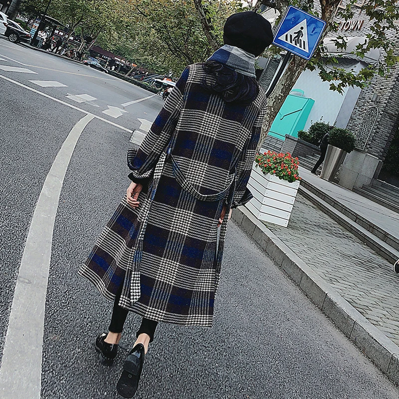 New Women's Wool Coat Autumn Winter 2018 Fashion Classic Plaid Patchwork Woolen Jacket Slim Thicken Long Outerwear Female Coats
