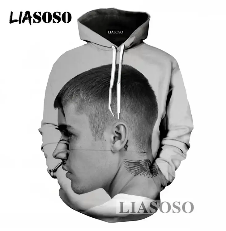 LIASOSO Popular Men/Women Hoodies Casual Long Sleeve Sweatshirt 3D Print Singer Justin Bieber Pullover Hoodies Loose Hooded T696