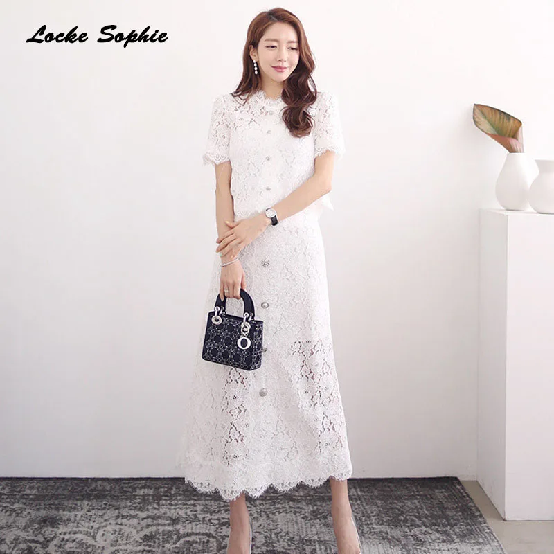 

2piece set women's twinset tops and skirts 2019 Summer Lace Splicing hollow Single breasted suits set ladies Skinny track suits