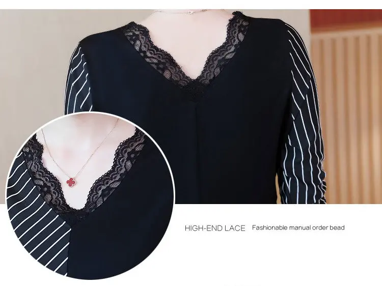 2019 Korean Fashion Women Dress Autumn Large Size Dresses Striped Patchwork Dress Ladies Lace V-Neck Long Sleeve Vestidos Robe Femme (2)