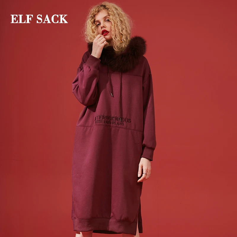 

ELF SACK White Solid Fur Collar Casual Hoodies Sweatshirt Dress Women 2019 Autumn Winter Thick Female Long Dresses