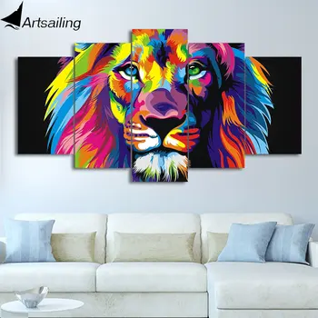 

Artsailing 5 piece painting colorful lion painting leo elephant dog giraffe eagle bear animals painting wall art canvas HD print