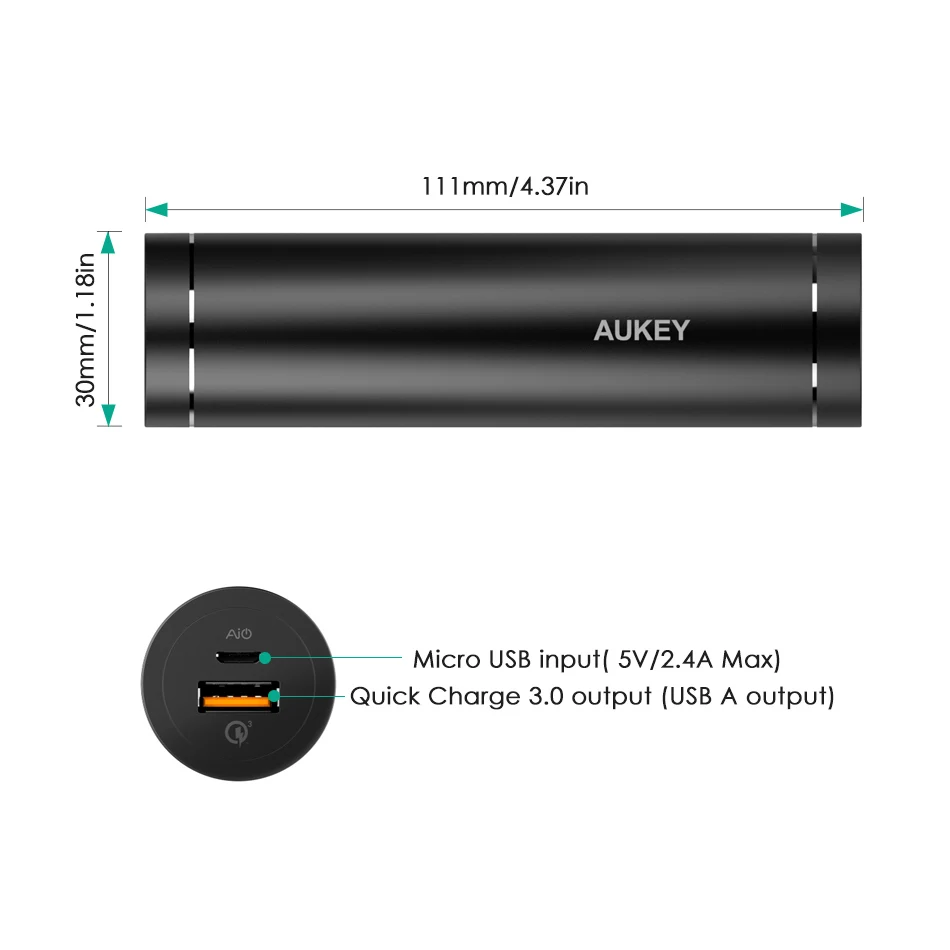 AUKEY Power Bank Quick Charge 3.0 5000mAh Mini Cylindrical Phone Power Bacnk Portable External Battery Fast Pover Bank for Phone