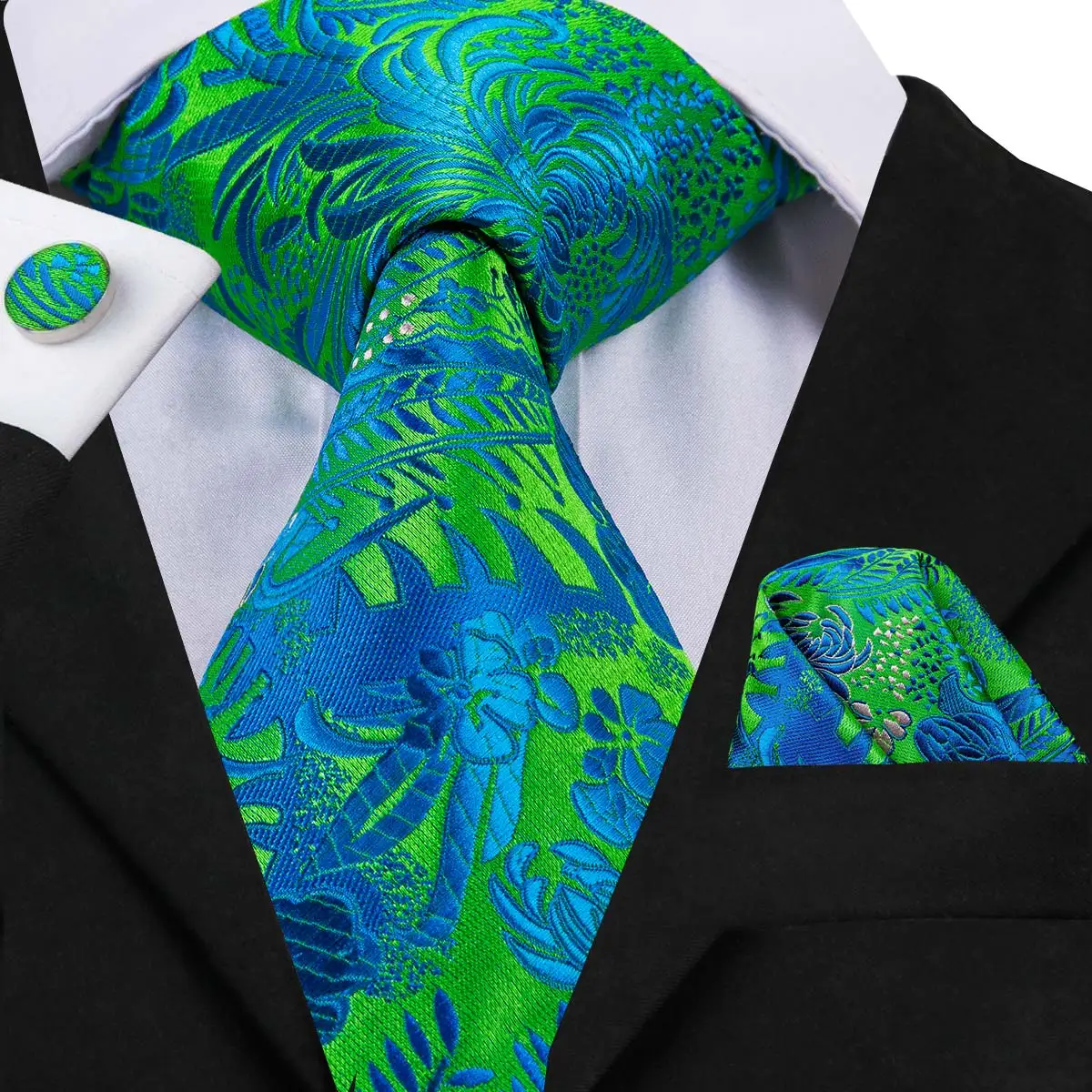 Hi Tie Green Floral Silk Tie 2019 Fashion Men's Gift Floral Tie Set