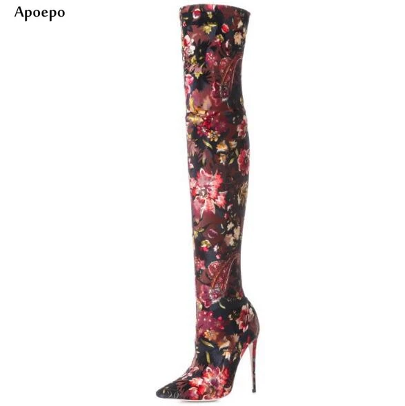 

New Newest Over the Knee high heel boots stretch fabric flower printed thin heels boots 2018 Sexy pointed toe long boots