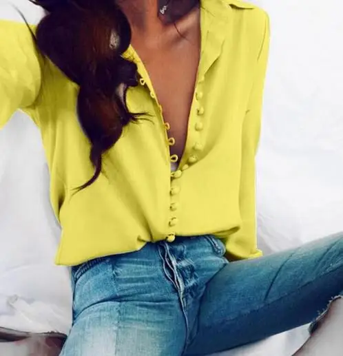 

Women Lapel Neck Long Sleeve Buttons Down Sexy Solid Office Work Blouse Casual Party Business Elegant Shirt
