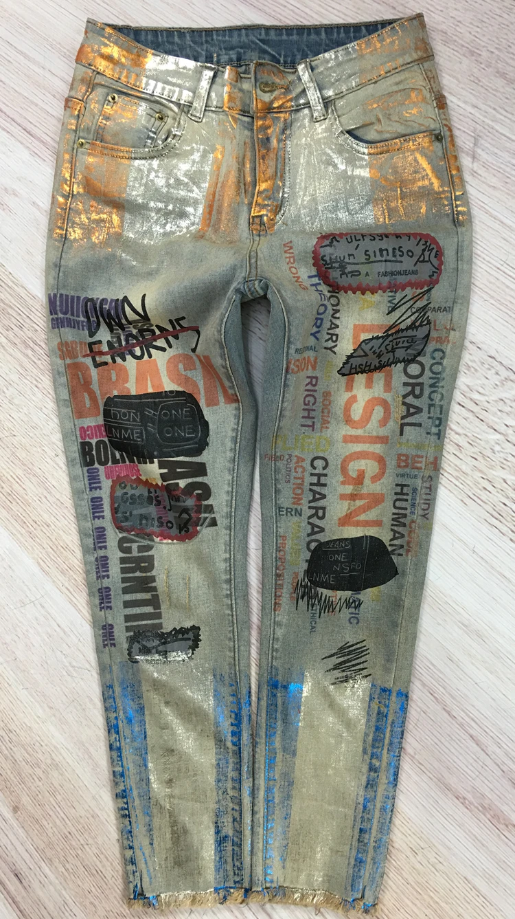 2018 New Hot Summer Fashion Bronzing Letter print Boyfriend Skinny Women Mujer Jeans Female Pencil Pants Vintage MN858