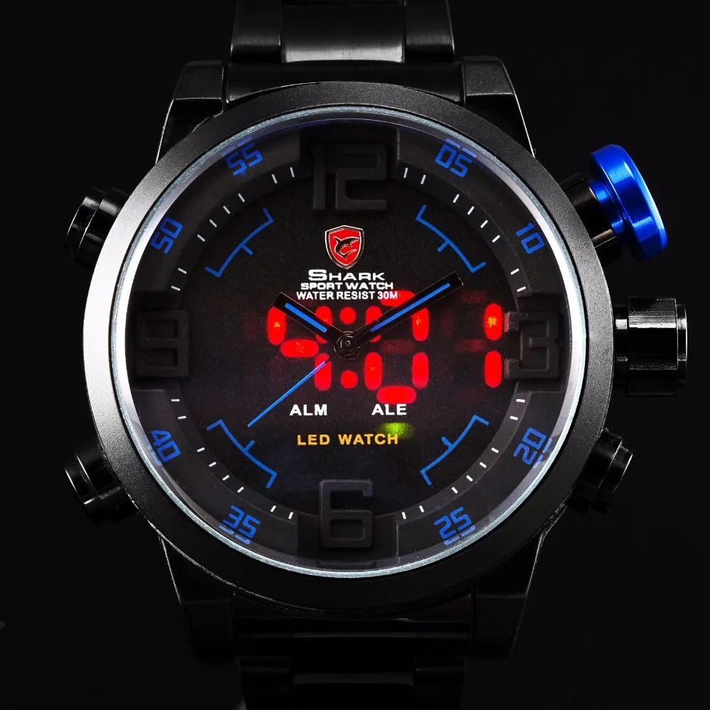 Gulper SHARK Sport Watch Luxury Brand LED Analog Date Quartz Blue Button Steel Strap Men Quartz Watches relogio masculino /SH106