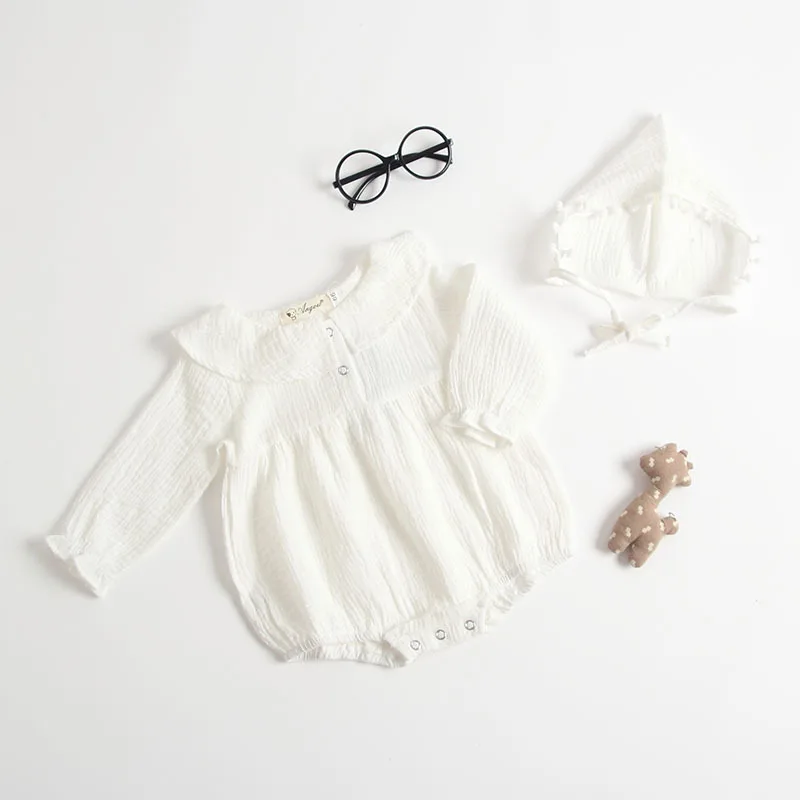 

2018 Autumn Infant Toddler Baby Girl Rompers Ruffles Sweet Girl Clothing Sets Free Hat Korean Fashion Girl Linen Overalls
