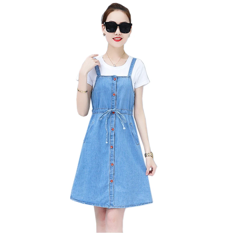 Summer Jeans Dress Women Shirt Washed Sleeveless Suspender Denim Dress Sundress Denim Mini Dress Female Plus Size 2 Piece Sets